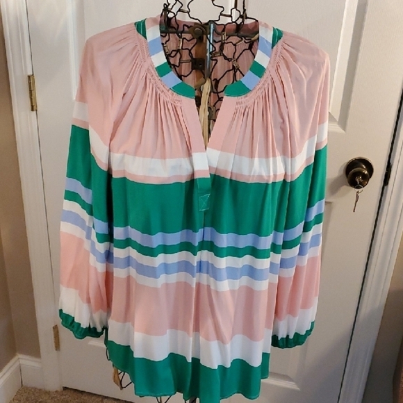 Striped Pink and Green V Neck Women's Top - Picture 1 of 8